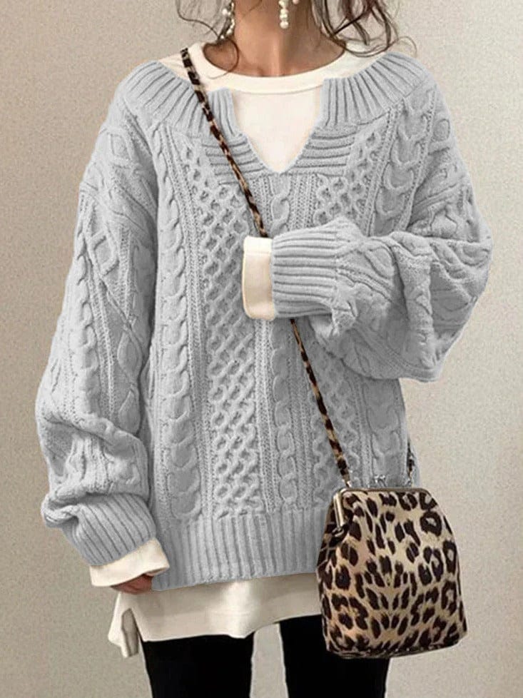 Women's Sweater – Wool Blend – Oversized Fit – Cable Knit – Deep V-neck – Long Sleeved