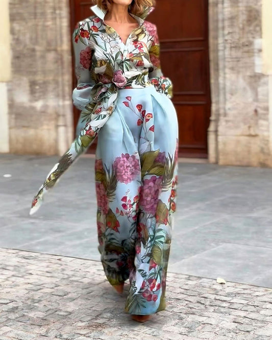 Dress for Women – Maxi Length – Tailored Fit – Floral Print – Long Sleeves – Belt at Waist