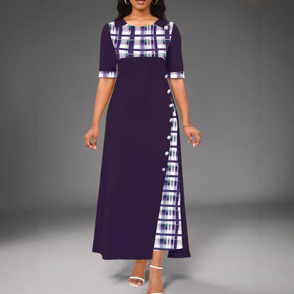 Dress woman long – Tailored fit – Round neck – Mid sleeve – Asymmetric check pattern