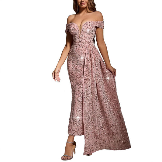 Dress woman – off shoulder – tight fit – sequins – floor-length – sleeveless