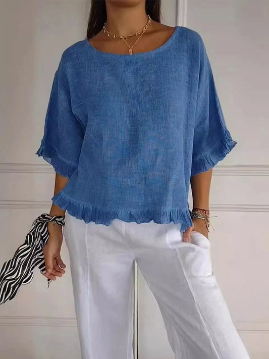 Women's Blouse – Linen and Cotton – Relaxed Fit – Ruffle Edge – Round Neck