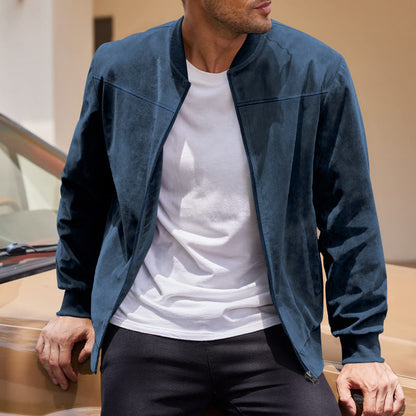 Men's Bomber Jacket – Suede Texture – High Collar – Elastic Hem and Cuffs