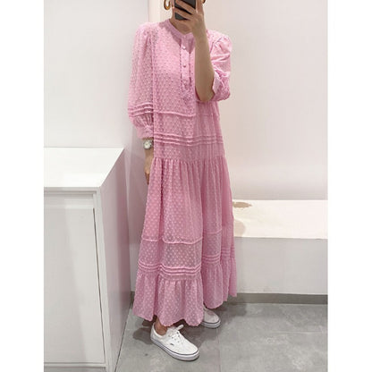 Maxi Dress for Women - Elegant Layered Design - Soft Pin Dot Pattern