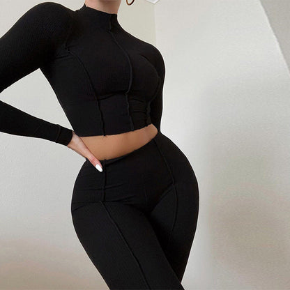 Women's Training Set – Ribbed Knit – Slim Fit – Crop Top with High Neck – High-Waisted Tights