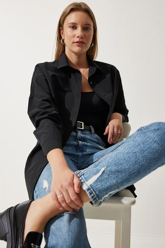 Women's Blouse – Oversized Fit – Long-Sleeved – Cotton Blend – Shirt Collar