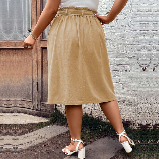 Women's Midi Skirt – Cotton Blend – Relaxed Fit – Tie Belt – Side Pockets