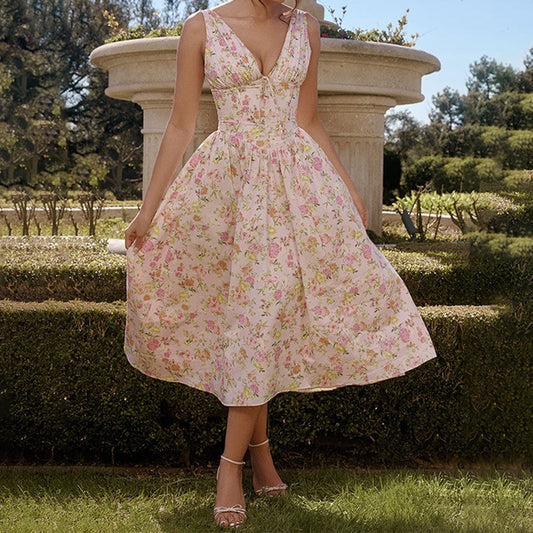 Dress woman – midi length A-line – V-neckline – spaghetti straps – floral print