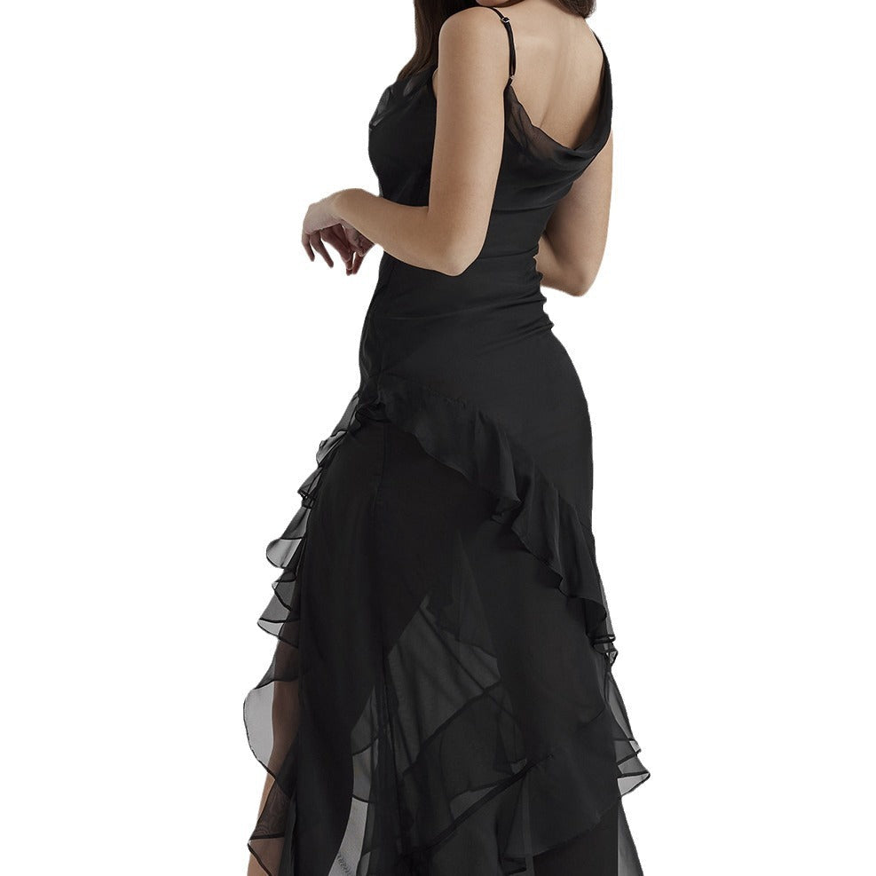 Dress Women – Slim Fit – Spaghetti Straps – V-neck – High-low Ruffle Skirt – Chiffon/Satin