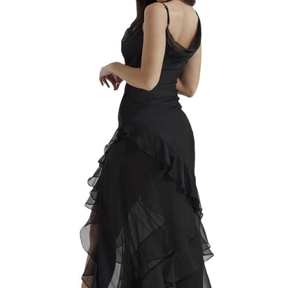 Dress Women – Slim Fit – Spaghetti Straps – V-neck – High-low Ruffle Skirt – Chiffon/Satin