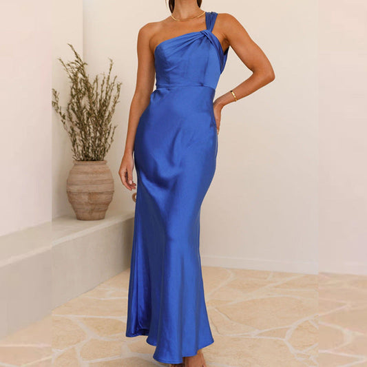 Dress for Women – Satin – Slim Fit – One Shoulder – Floor-Length Party Dress