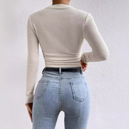 Women's Long Sleeve T-Shirt – Slim Fit – Soft Textured Knit – Ruched Waist – Short Model