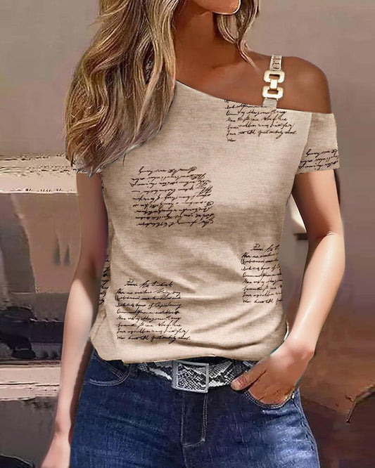 Women's T-shirt – Relaxed fit – Text print – Asymmetric shoulder strap with button