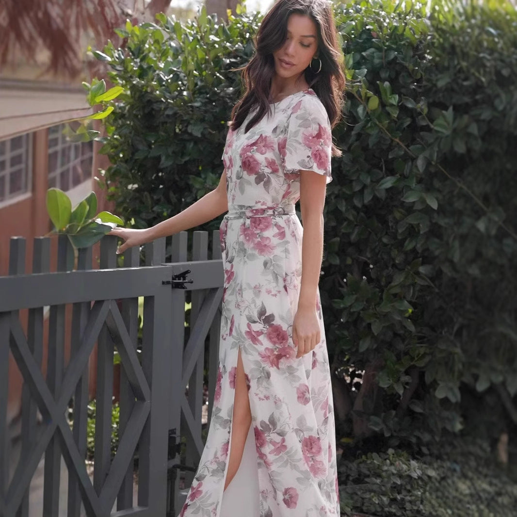 Dress for Women – Maxi – Slim Fit – Short Sleeve – Round Neck – Floral Print – Front Slit