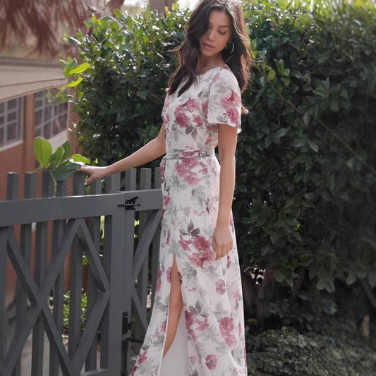 Dress for Women – Maxi – Slim Fit – Short Sleeve – Round Neck – Floral Print – Front Slit