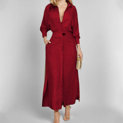 Dress for Women – Shirt Model – Linen – V-Neck – Waist Belt – Long Sleeves – Midi Length