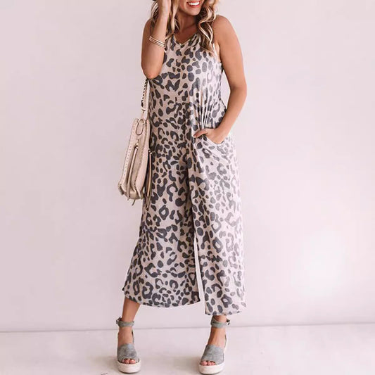 Women's Jumpsuit – Sleeveless – Wide Leg – V-neck – Leopard Print – Cropped Fit