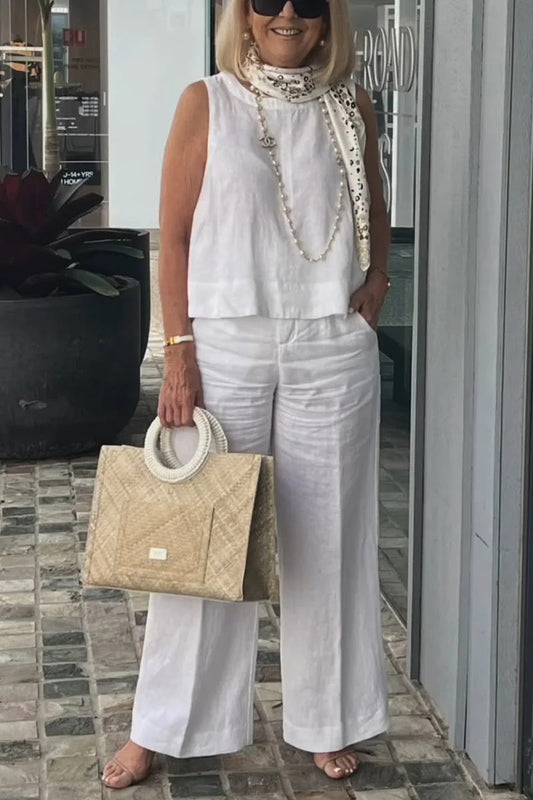 Women's Set Without Sleeves – Linen Cotton – Relaxed Fit – Wide Trousers with Pockets