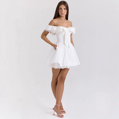 Dress for Women – Off-shoulder – Fitted Bodice – Ruffle Edge – Bow – Lace Trim