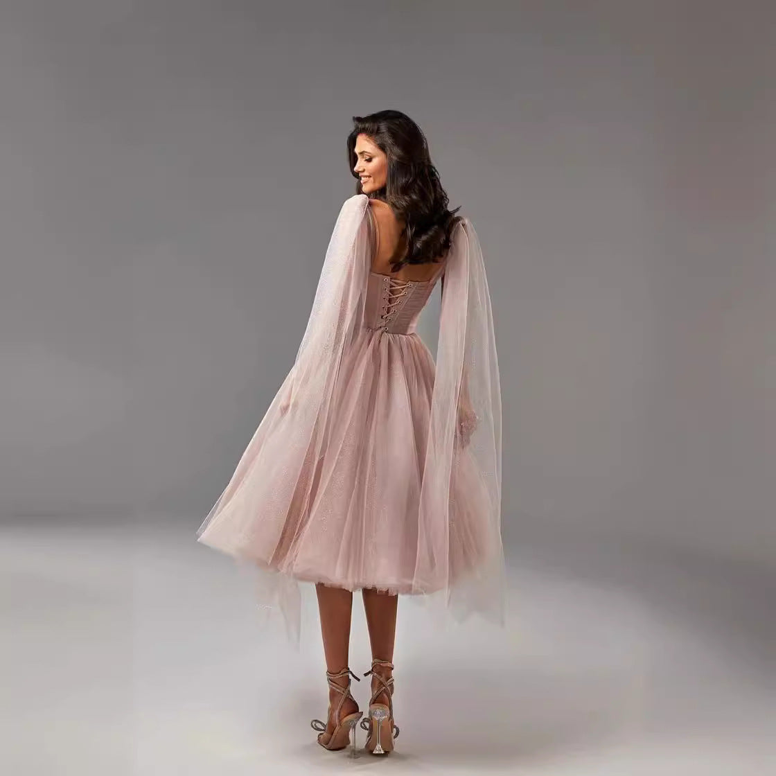 Dress for Women – A-line Fit – Sheer Overlay – Open Back – Midi Length