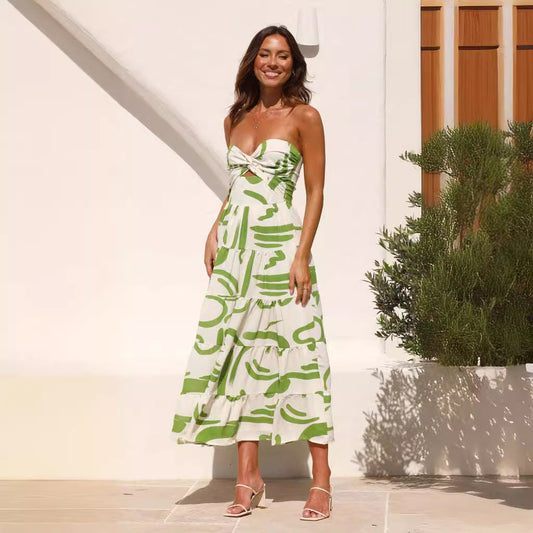 Maxi Dress Women – V-Neck – Open Back with Ties – Ruched Bust – A-Line Cut