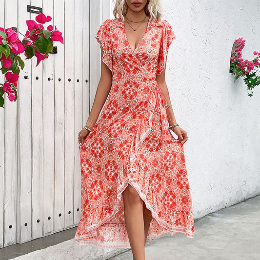 Dress woman – Wrap model – Cotton blend – V-neckline – Midi – Ruffle sleeves