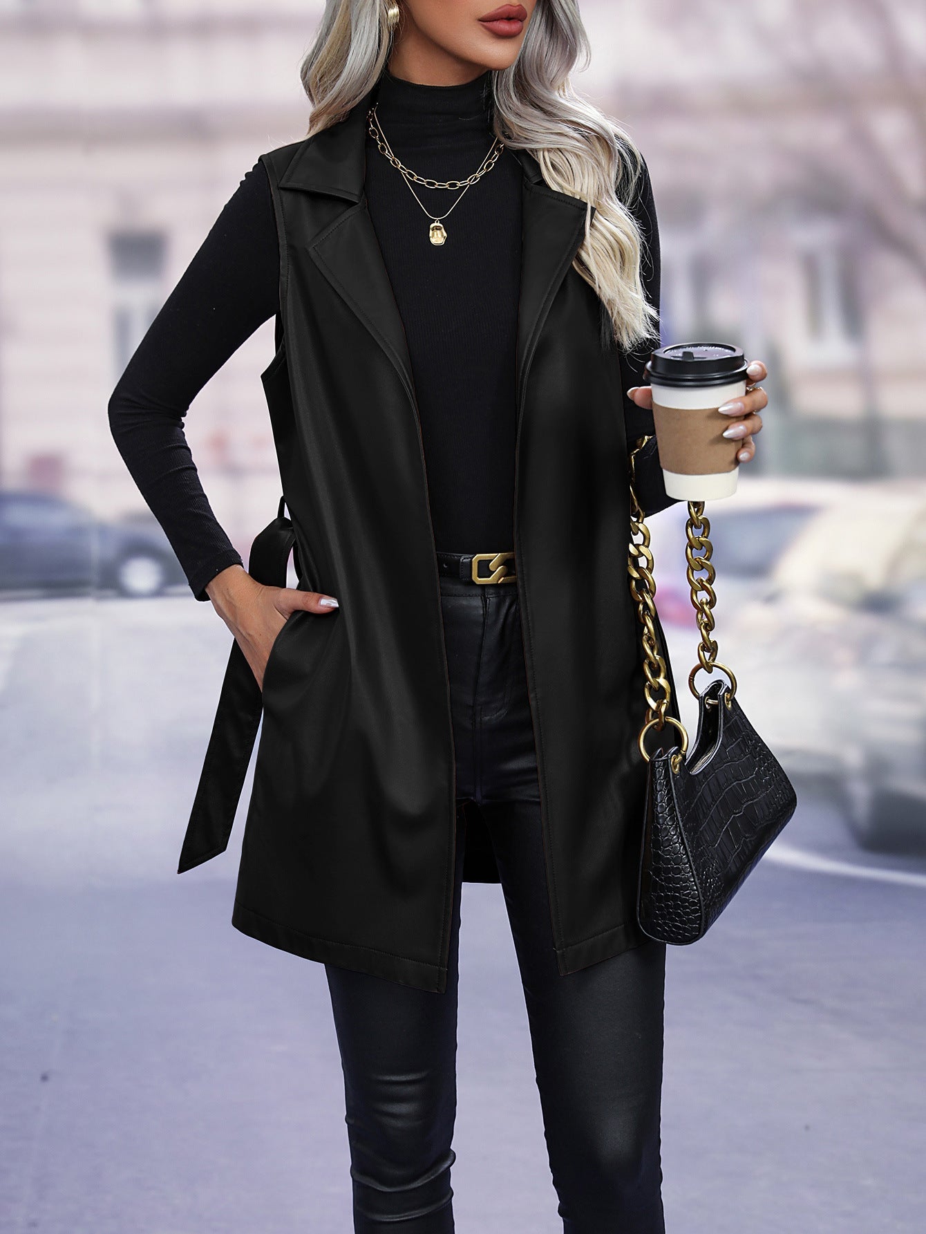 Women's Vest – Tailored Fit – Faux Leather – Tie Belt – Sleeveless Layer-on-Layer
