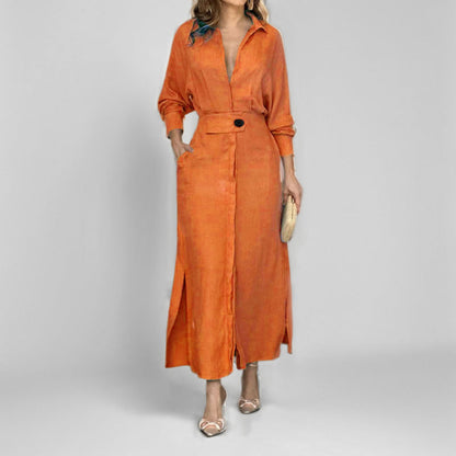 Dress for Women – Shirt Model – Linen – V-Neck – Waist Belt – Long Sleeves – Midi Length