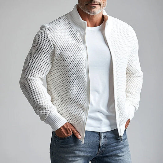 Men's Jacket – Slim Fit – Knitted Mesh – High Collar – Zipper Closure