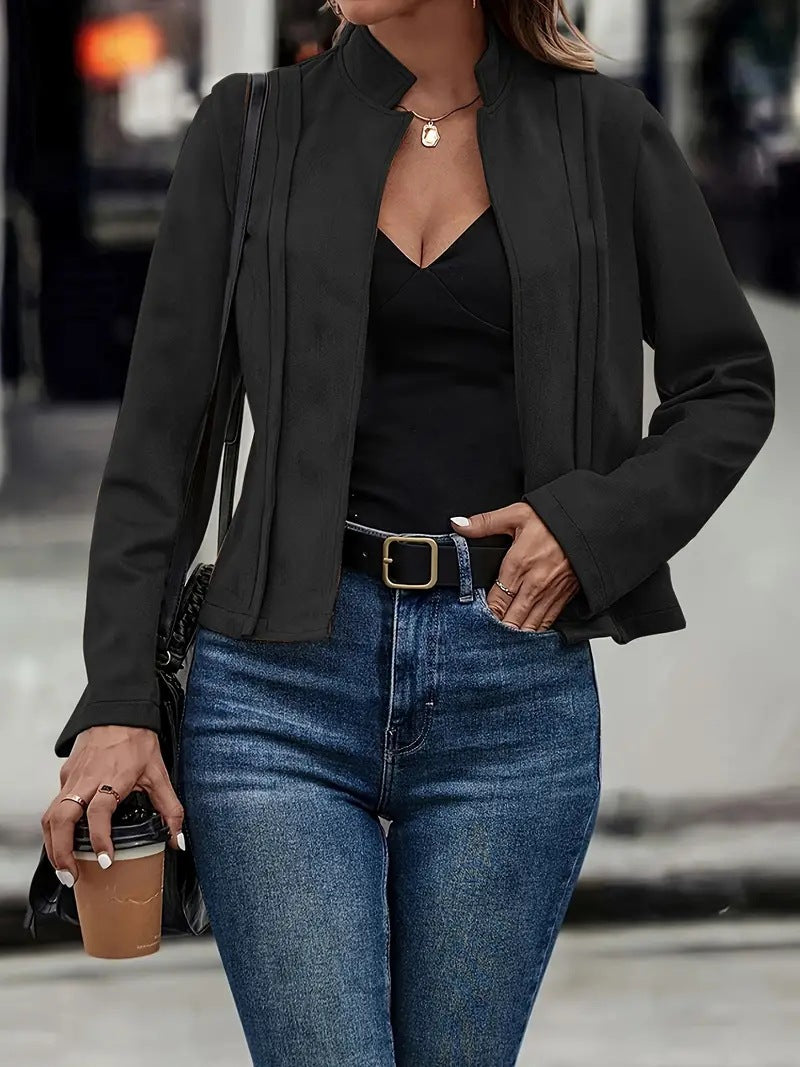 Women's Short Jacket – Slim Fit – Wool Blend – Stand Collar – Open Front