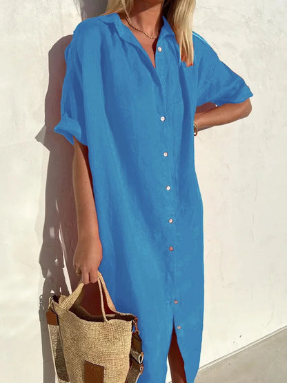 Women's Shirt Dress – Cotton Linen Blend – Relaxed Fit – Knee Length – Short Sleeved