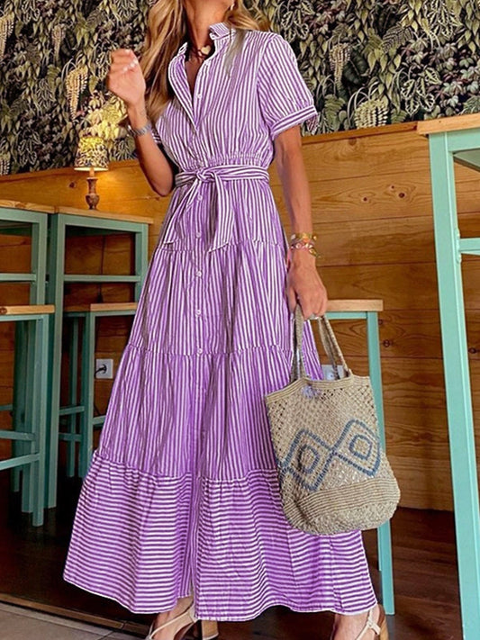 Dress woman – Midi length – Relaxed fit – Front buttons – Belt at waist
