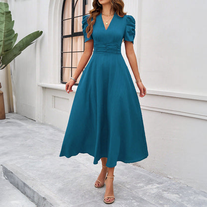 Dress for Women – Midi Length – V-Neck – Puff Sleeves – Ruched Waist – Elegant Cut