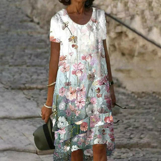 Women's Dress - A-line Fit - Round Neck - Short Sleeves - Floral Layered Design
