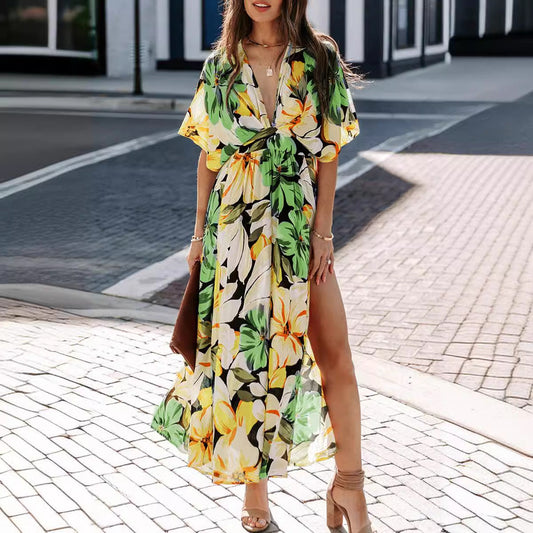 Women's Maxi Dress – Floral Print – Wrap Design – Short Sleeve – High Waist – Split