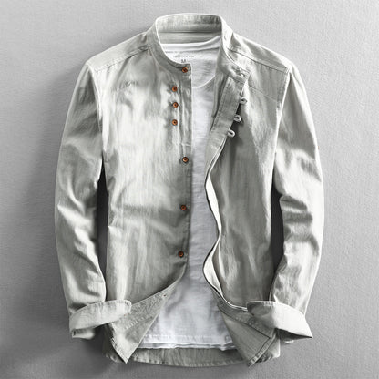 Men's Shirt – Linen – Relaxed Fit – Stand Collar – Long Sleeved with Buttons