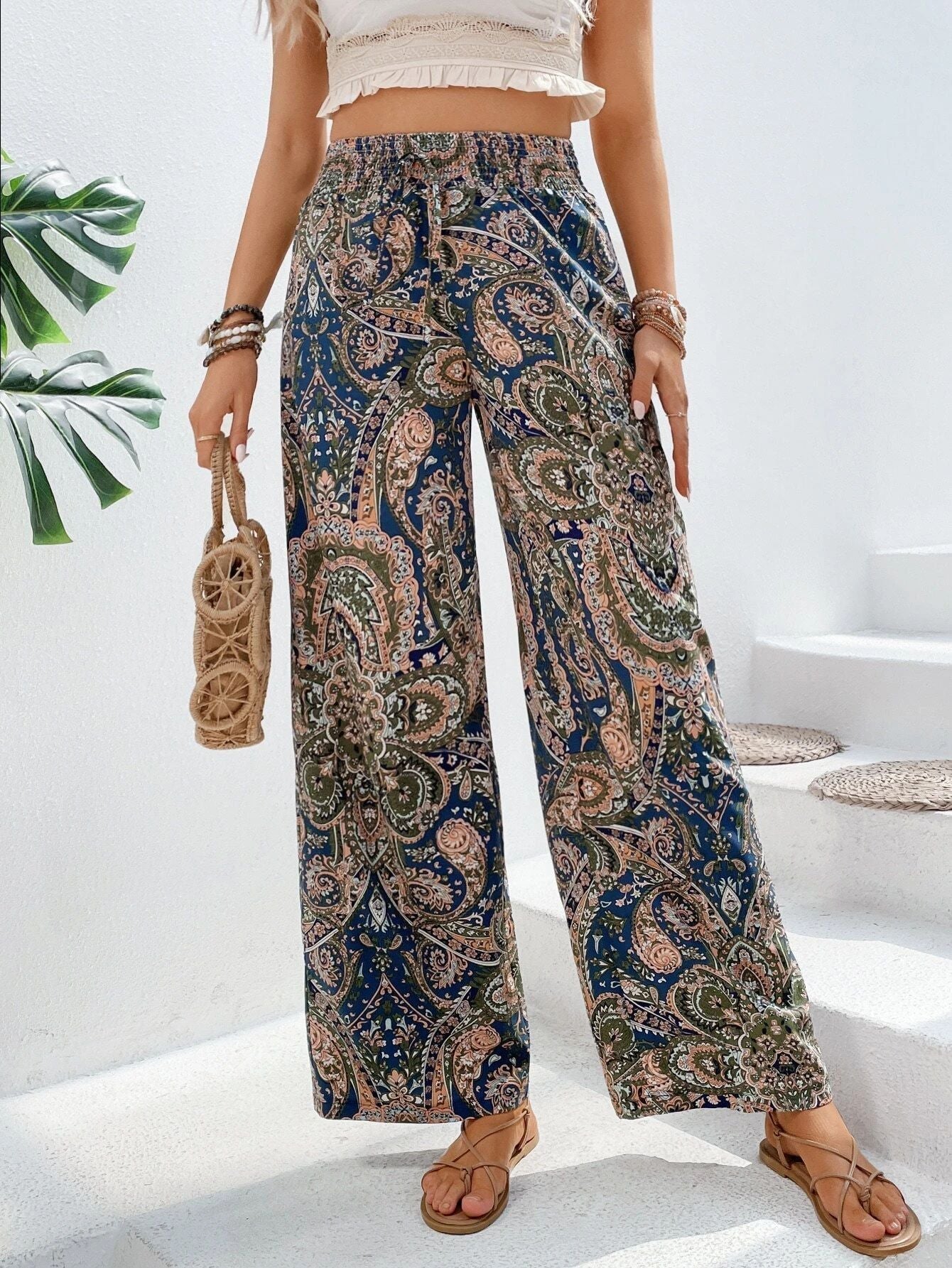 Women's Pants – Wide Legs – Elastic Waist – Breathable Fabric – Bohemian Pattern
