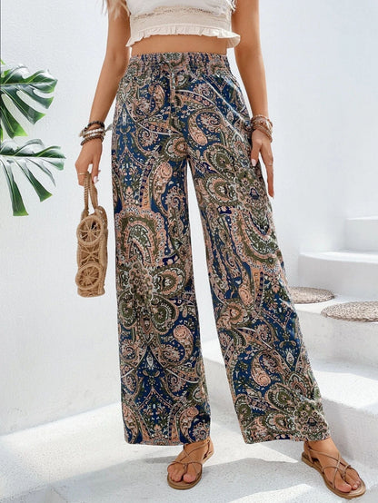 Women's Pants – Wide Legs – Elastic Waist – Breathable Fabric – Bohemian Pattern