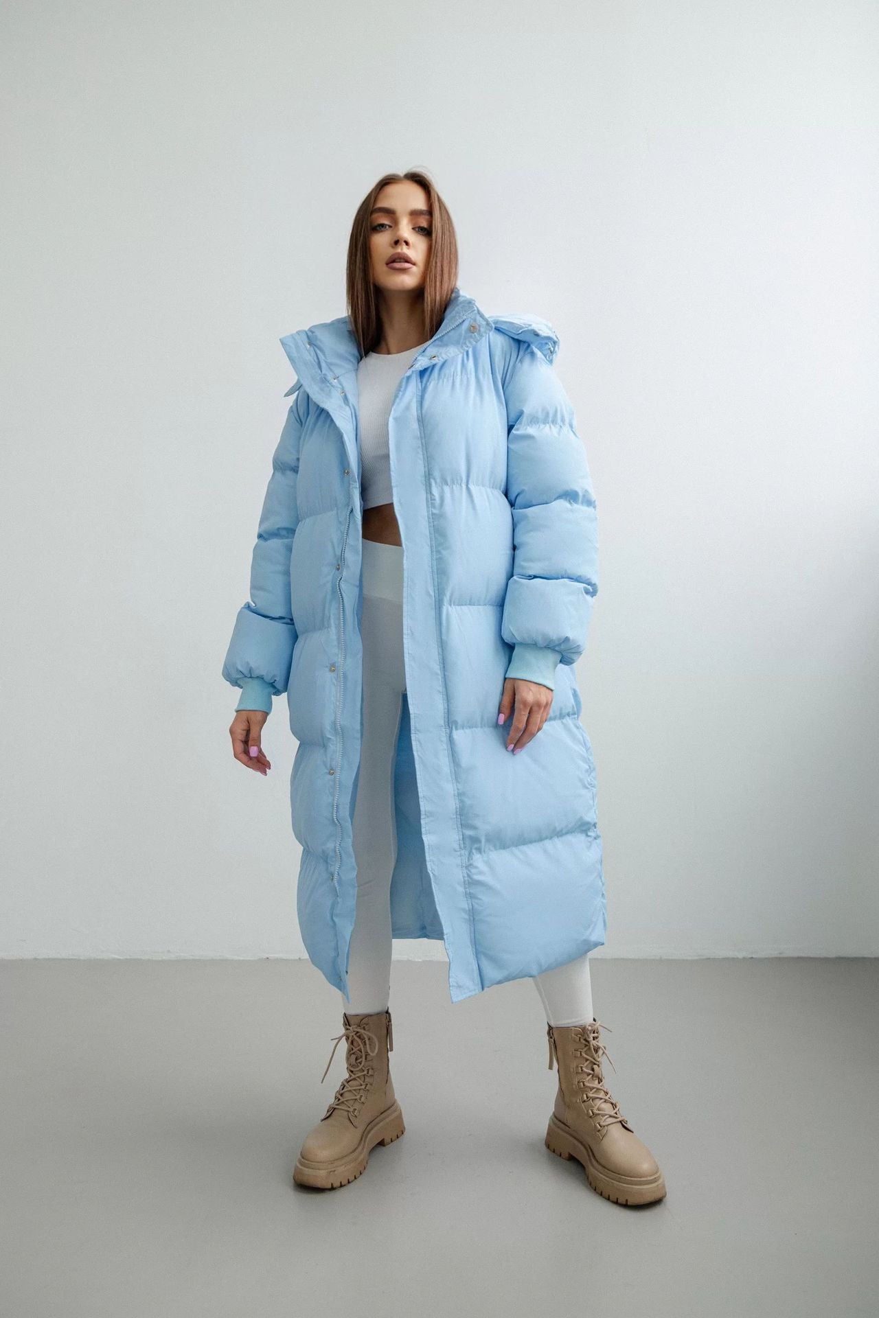 Women’s Puffer Coat - Woven - Oversized Fit - Ankle Length - Hooded Stand Collar