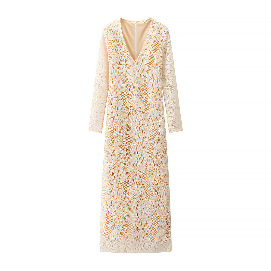 Dress for Women – Slim Fit Lace – Deep V-Neck – Long Sleeves – Floor-Length Party Dress