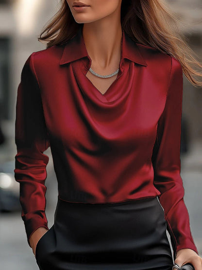 Women's Blouse – Satin-like Fabric – Draped Cowl Neck – Tailored Fit – Long Sleeve