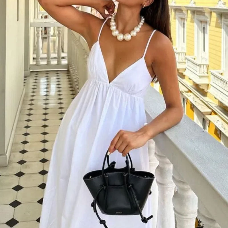 Dress women maxi – V-neckline – Open back – Spaghetti straps – Loose fit
