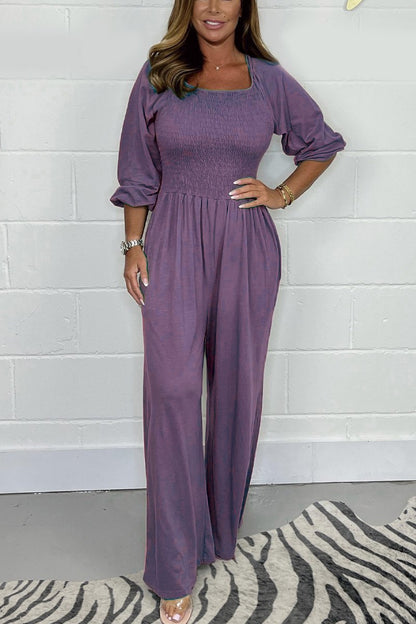 Women's jumpsuit – smocked bodice – cotton blend – wide legs – 3/4 sleeve – square neckline
