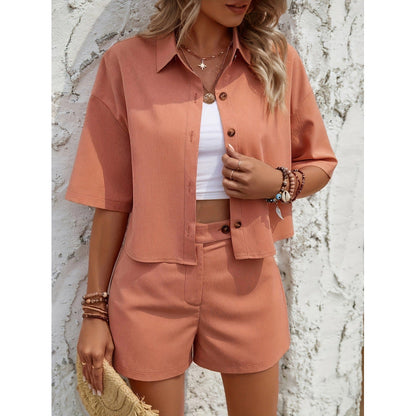 Women's Set with Shirt and Shorts – Relaxed Fit – Breathable Fabric – Button Closure