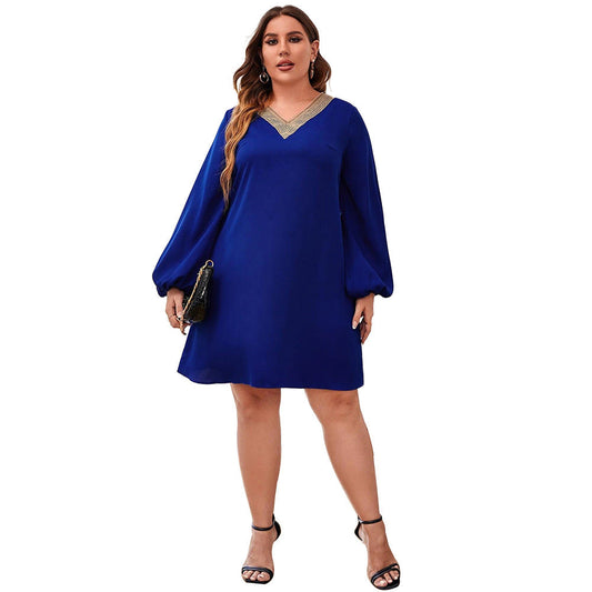 Dress woman – mini dress – relaxed fit – V-neck – long ruched sleeves