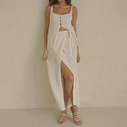 Women's Beach Set – Knitted Crop Top – Maxi Skirt with Slit and Tying