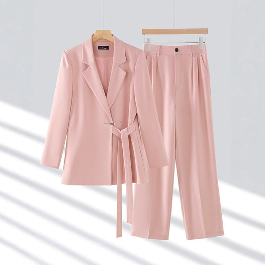 Women's Pantsuit – Tailored Blazer – Belted Waist – Wide Legs – Luxurious Fabric