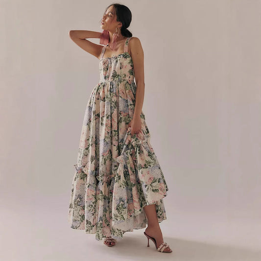 Dress for Women – Maxi Dress in Chiffon – Bohemian Fit – Spaghetti Straps – Floral Print