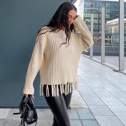 Women's Sweater – Oversized Fit – Wool Blend – Rib Knit – Fringe Hem