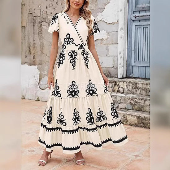 Dress women maxi – V-neckline – Floral print – Short sleeve – A-line tiered fit