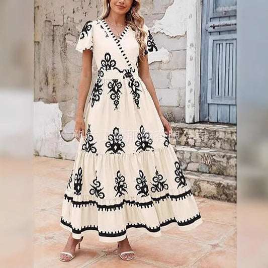 Dress women maxi – V-neckline – Floral print – Short sleeve – A-line tiered fit